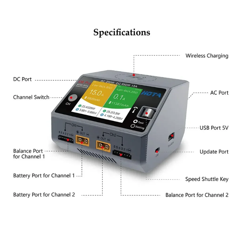 Carregador de Bateria Sem Fio  - Hota D6 Pro Dual Lipo Charger avaliação e preço